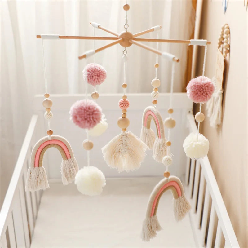 Wooden wind chime baby crib mobile by Nova Mart with animal felt dolls and music, designed as a charming baby toy.