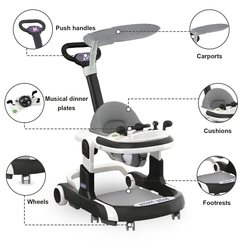 Baby Walker with sunshade, seat, and music from Nova Mart, featuring a sturdy frame and colorful design for easy mobility.