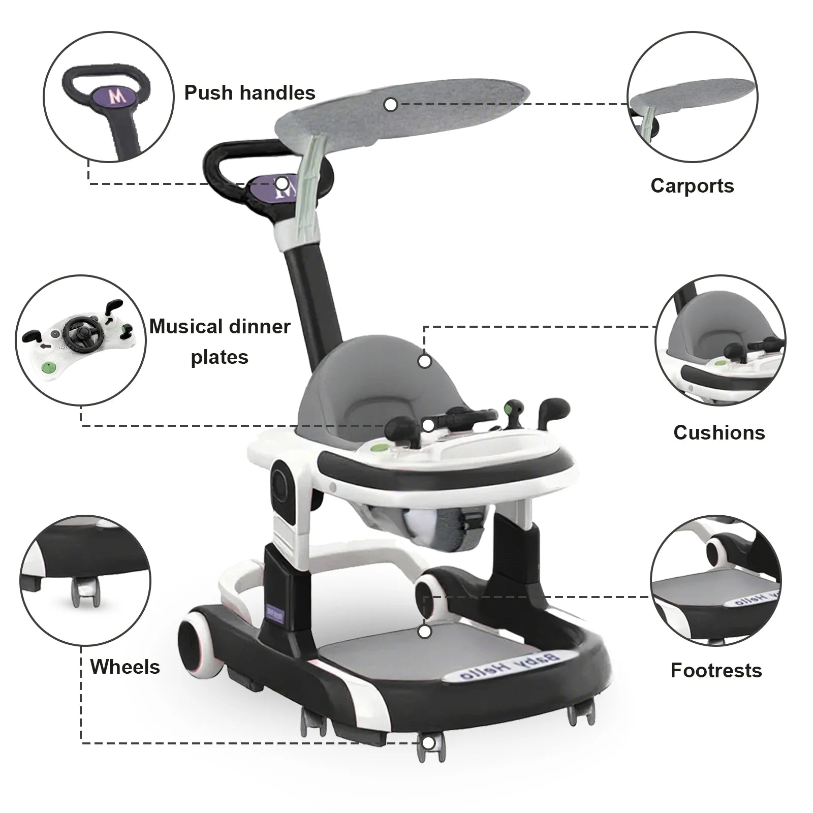 Baby Walker with sunshade, seat, and music from Nova Mart, featuring a sturdy frame and colorful design for easy mobility.