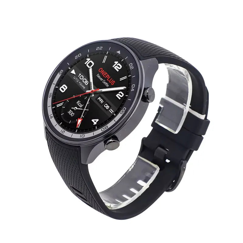 OnePlus Watch 2R smart watch with 1.43-inch AMOLED display, NFC, and 100-hour battery life, shown on a wrist.