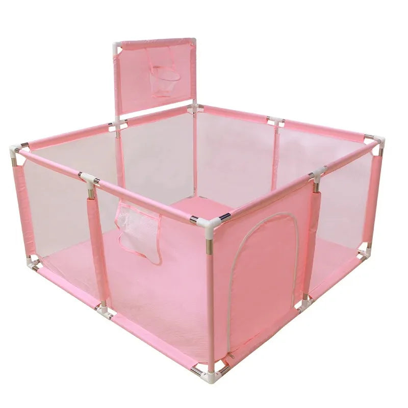 Baby playpen by Nova Mart with steel pipes and a ball box, featuring a safe, enclosed play area for infants.