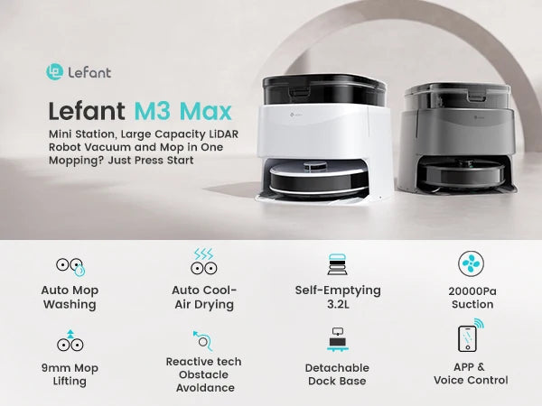 Nova Mart Lefant M3 Max robot vacuum and mop with 20000Pa suction, auto wash feature, designed for cleaning floors efficiently.