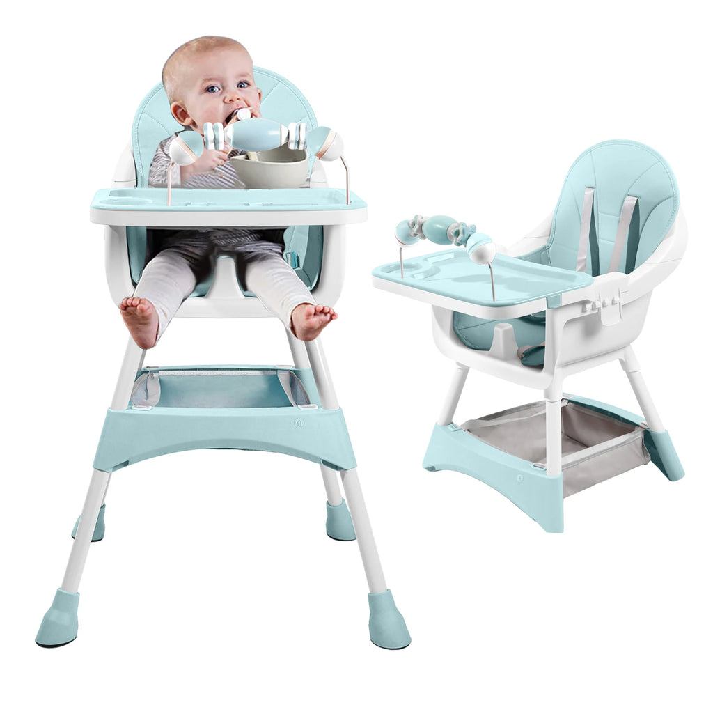 Portable Nova Mart convertible baby high chair with toy rack and double dinner plates, suitable for feeding and play.