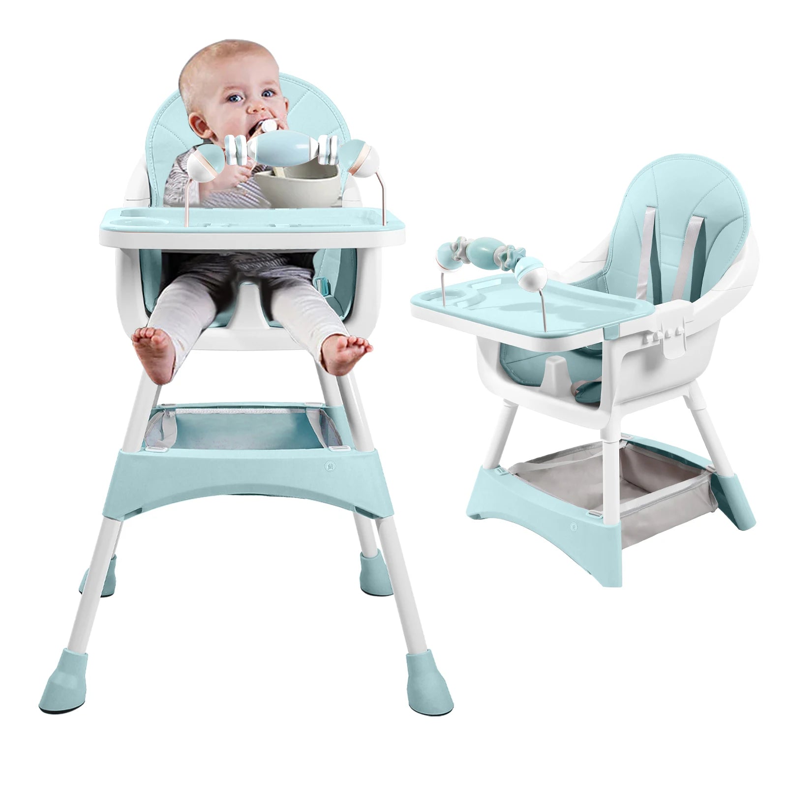 Portable Nova Mart convertible baby high chair with toy rack and double dinner plates, suitable for feeding and play.