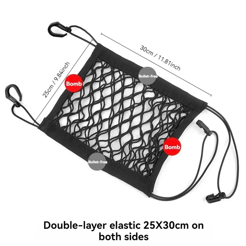 Nova Mart high-elastic double-layer motorcycle cargo net with hooks, designed for secure bike storage and transportation.