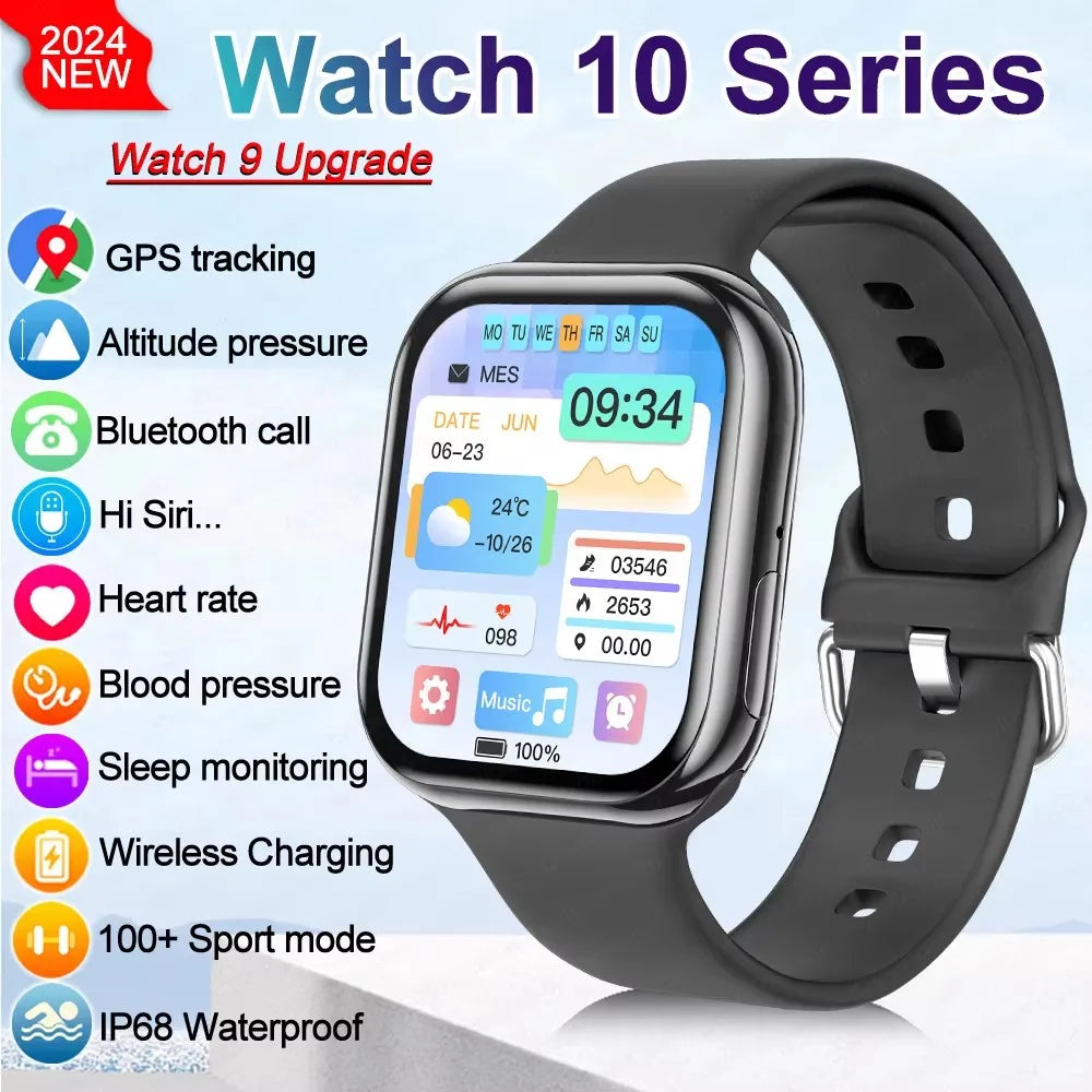 Nova Mart GPS Smart Watch Series 10 with music, NFC, Bluetooth call features, black band, digital display, and fitness tracking.