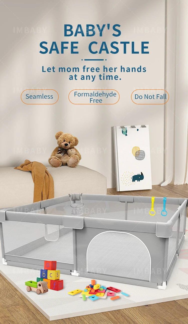 Light gray IMBABY baby playpen by Nova Mart with pull ring and ball box for safe, fun play area for infants.