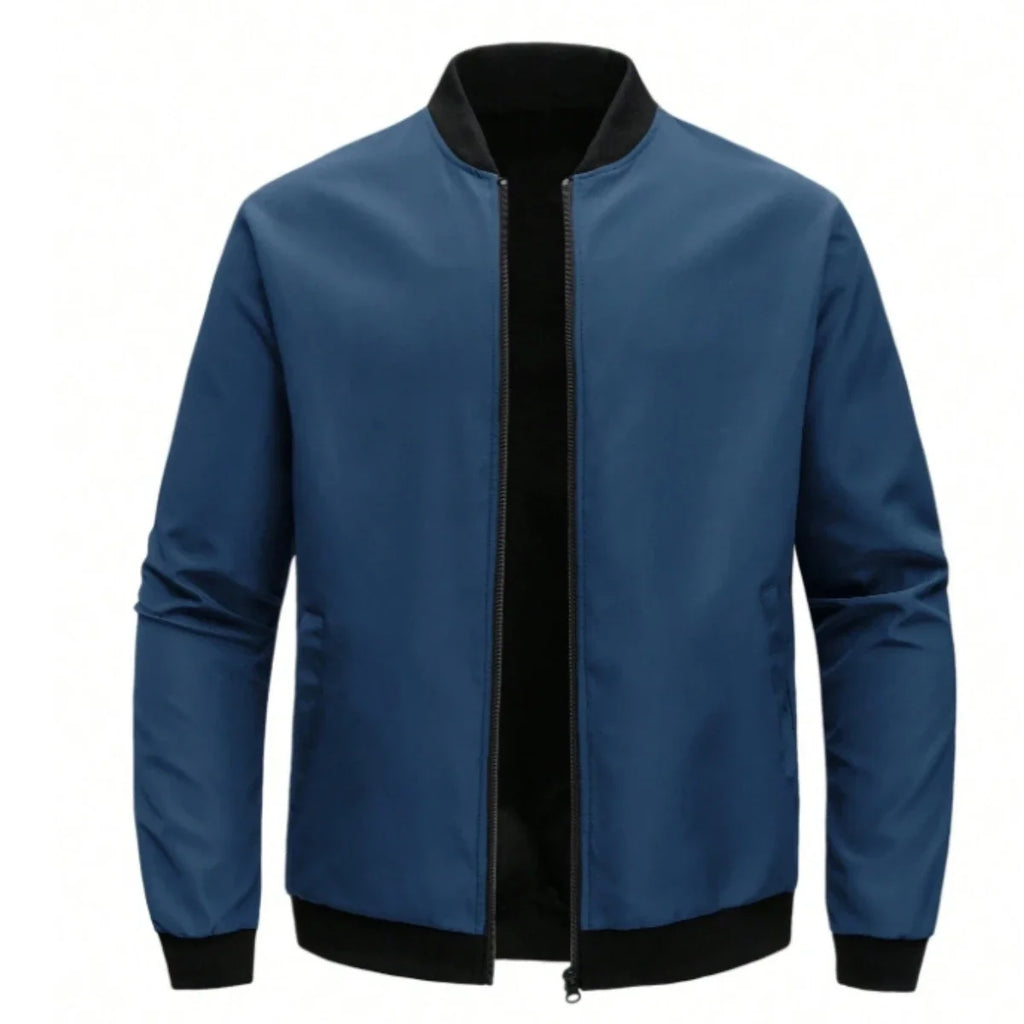 Men's loose solid color jacket with baseball collar by Nova Mart, shown in a casual style image.