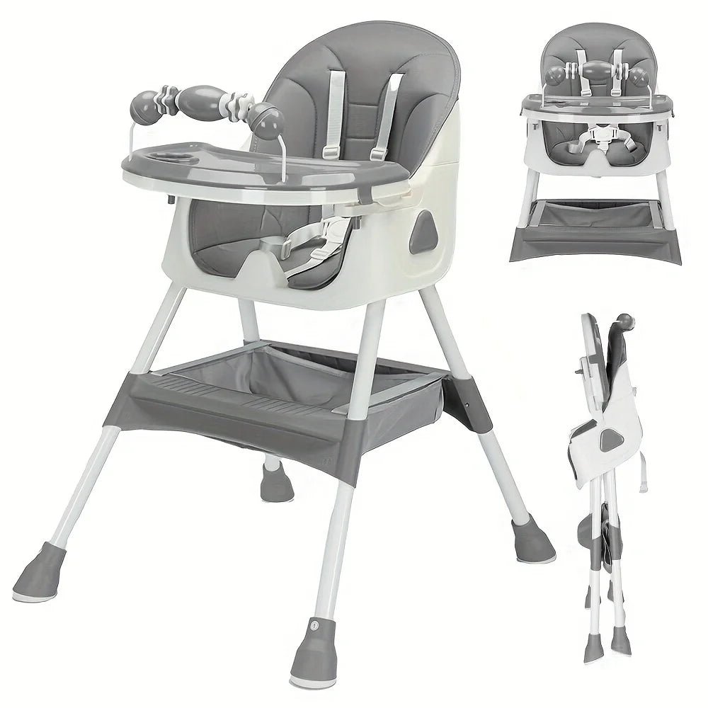 Foldable Nova Mart baby high chair with antislip pad and toy rack, showing the compact design and safety features.