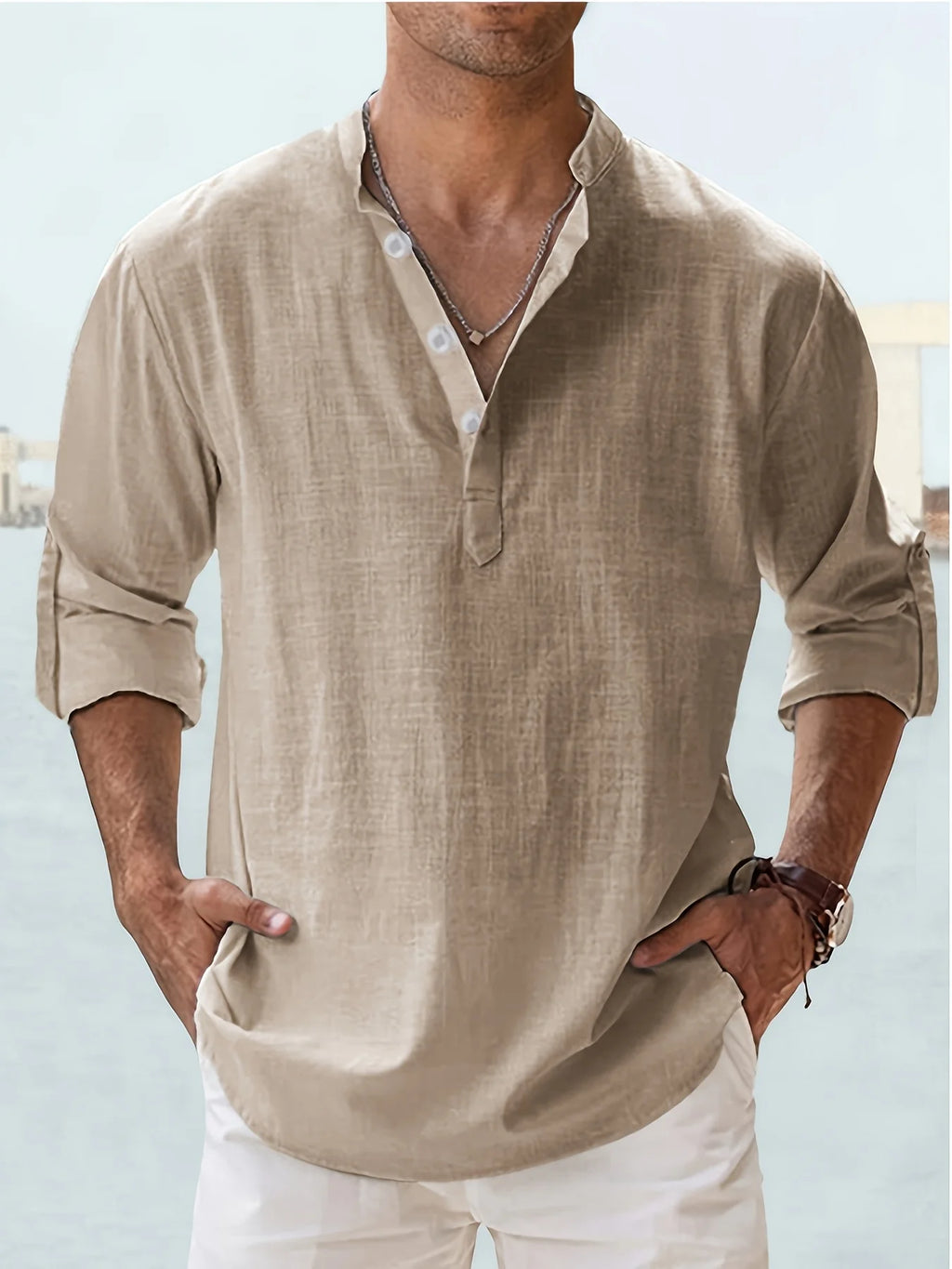 Men's linen stand collar shirt with long sleeves, loose fit, stylish men's fashion by Nova Mart, shown in a natural fabric and design.