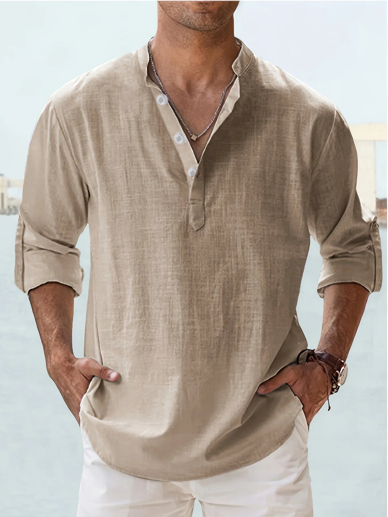 Men's linen stand collar shirt with long sleeves, loose fit, stylish men's fashion by Nova Mart, shown in a natural fabric and design.