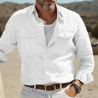 Men's casual cotton linen Hawaiian style shirt by Nova Mart, featuring tropical print and relaxed fit, displayed on a hanger.