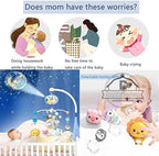 Baby crib mobile with lights, music, and projection by Nova Mart, featuring colorful plush toys and a remote control for soothing entertainment.