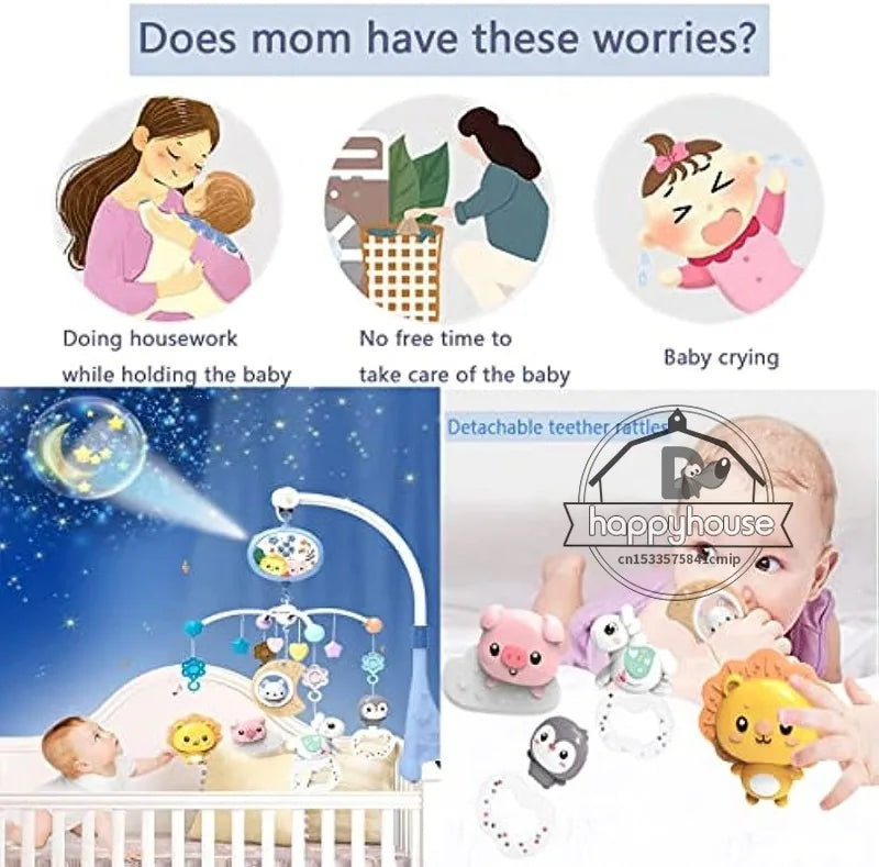 Baby crib mobile with lights, music, and projection by Nova Mart, featuring colorful plush toys and a remote control for soothing entertainment.