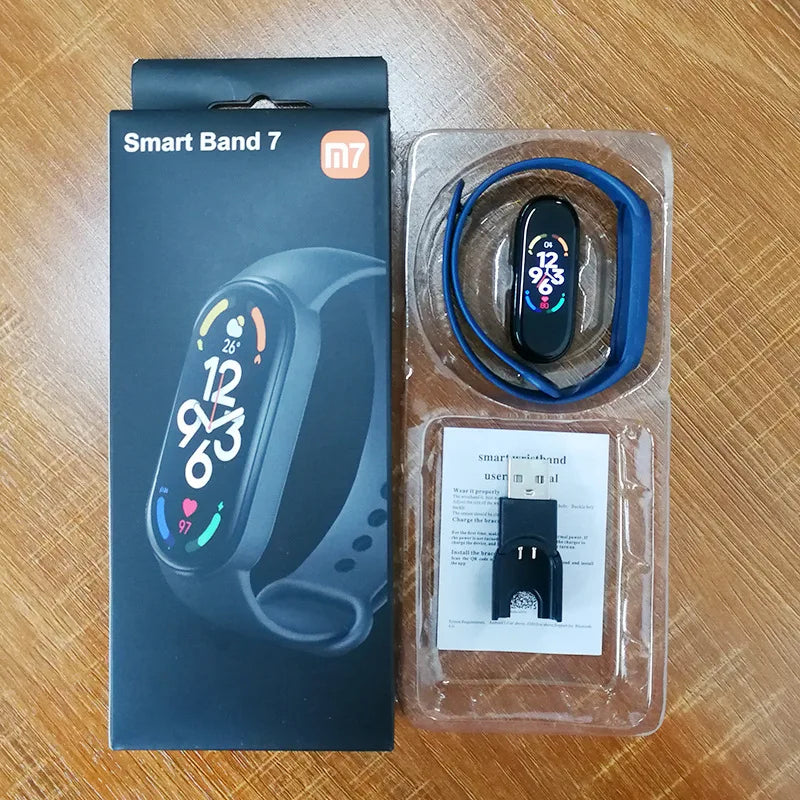 Nova Mart M7 Smart Band with heart rate monitor, fitness tracking, and customizable dials featured on a sleek smartwatch display.
