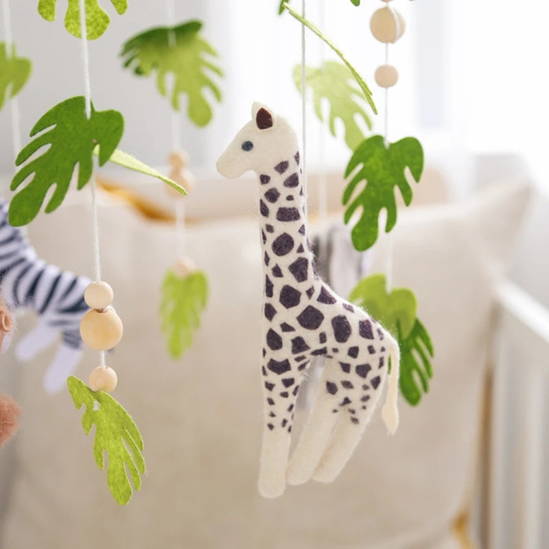 Wooden wind chime baby crib mobile with animal felt dolls and music, Nova Mart baby toy for soothing nursery decor.