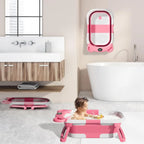 Collapsible baby bathtub with thermometer and floating cushion, designed for safe and comfortable infant bathing.