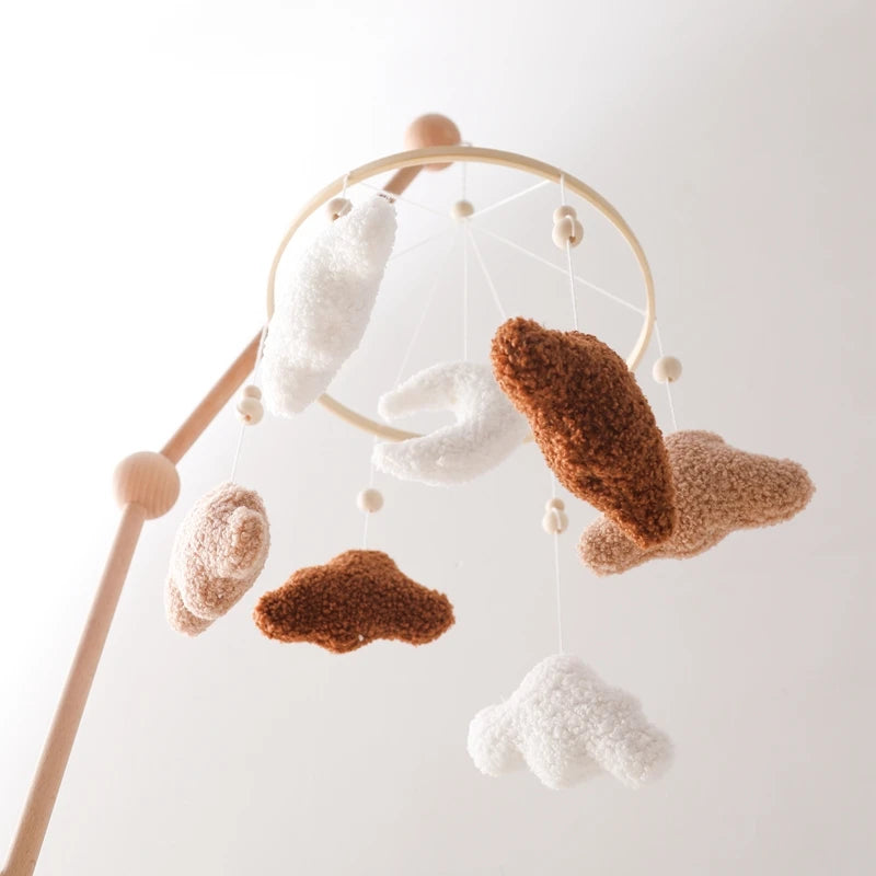Wooden crochet star baby crib mobile with bed bell rattle toy, designed for infants by Nova Mart.