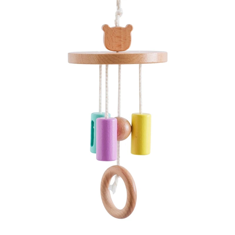 Wooden wind chime baby crib mobile by Nova Mart with animal felt dolls and musical elements, perfect for soothing infants.