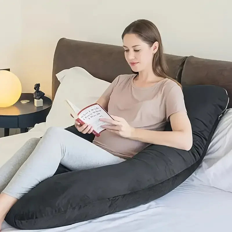 U-shaped maternity body pillow with removable cover by Nova Mart, designed for side sleepers and pregnant women.