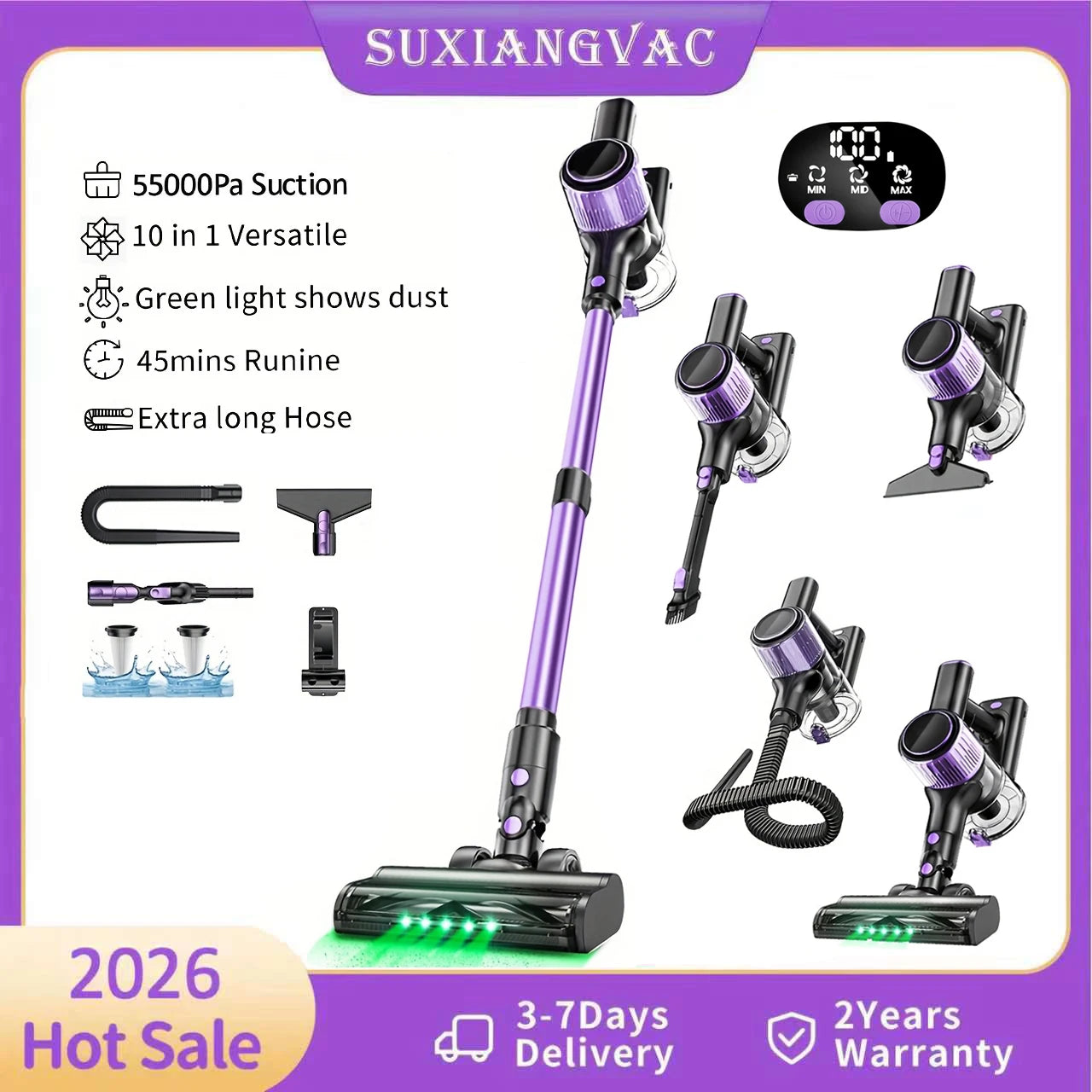 Nova Mart 10-in-1 cordless stick vacuum cleaner with 55Kpa suction and 500W motor, shown with detachable parts and cleaning attachments.