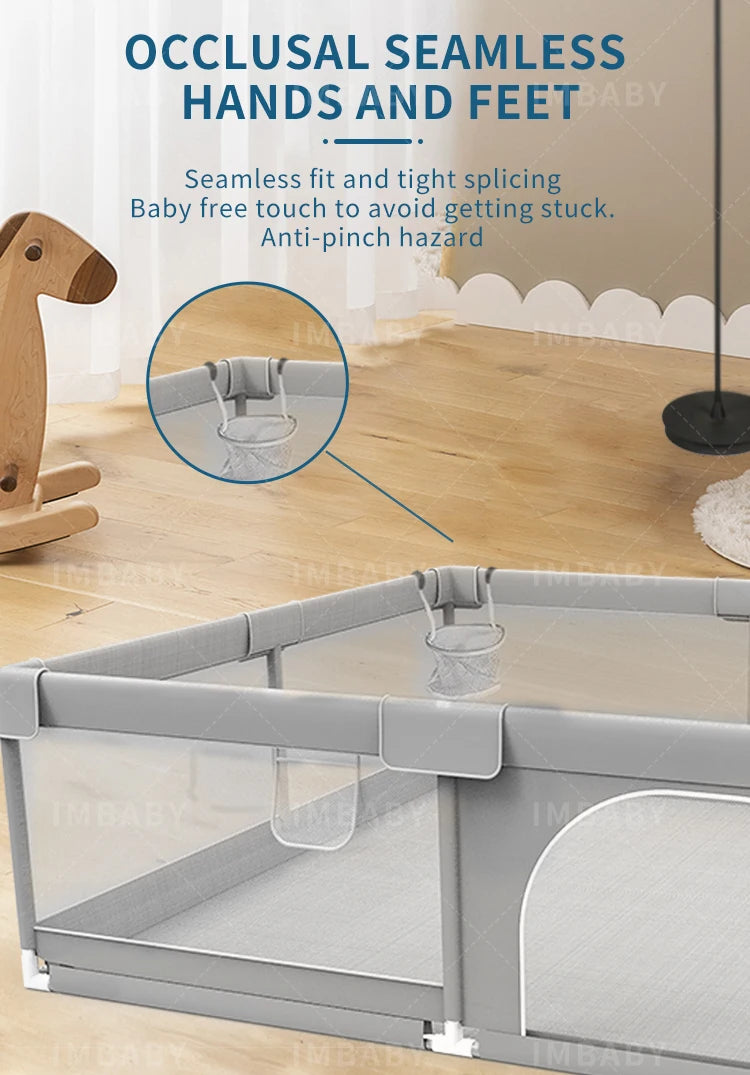 Light gray IMBABY baby playpen by Nova Mart with pull ring and ball box, providing a safe play area for infants.