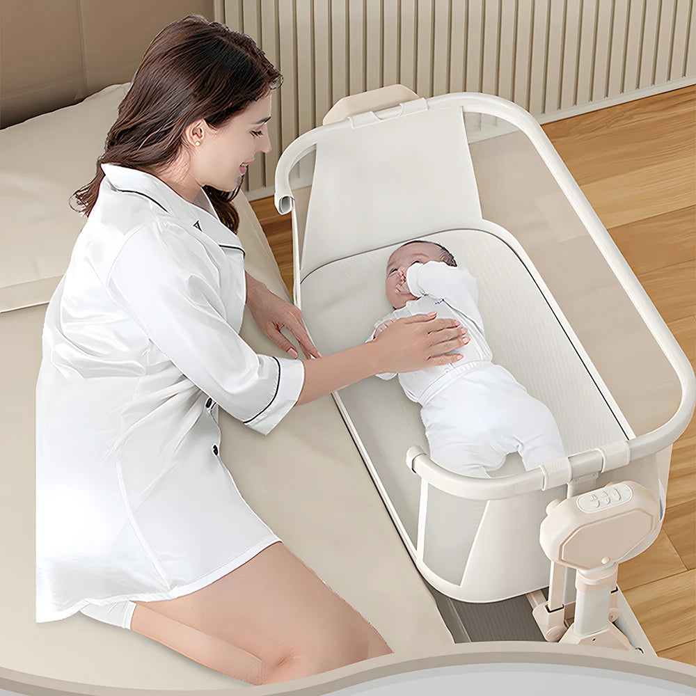 Nova Mart automatic rocking bassinet with music and lights, featuring a cozy newborn cradle for soothing and comfortable sleep.