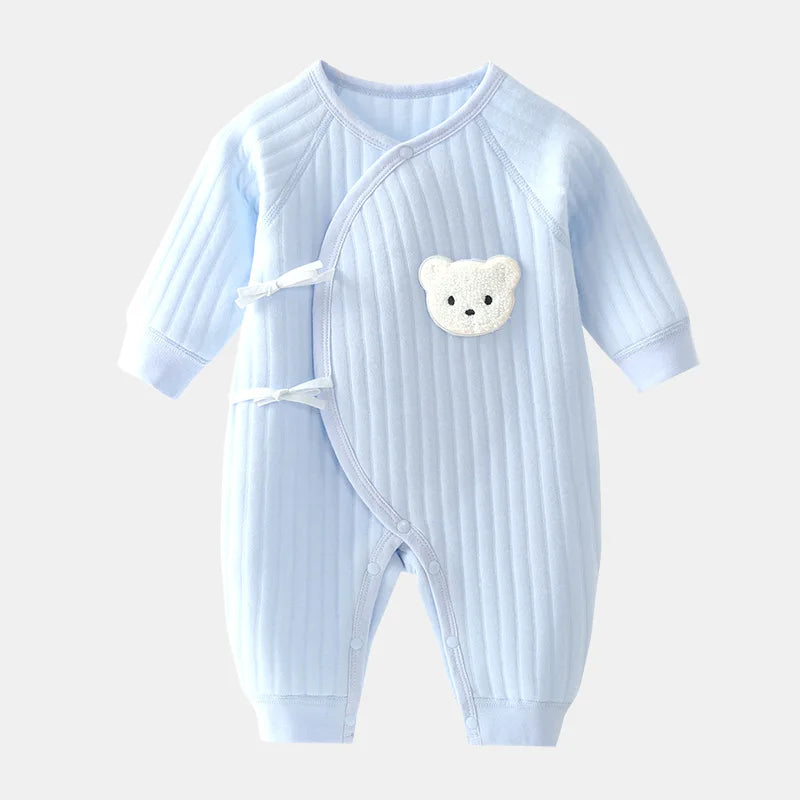 Nova Mart 100% cotton newborn baby romper with cartoon bear and matching hat, soft and comfortable baby clothing for infants.