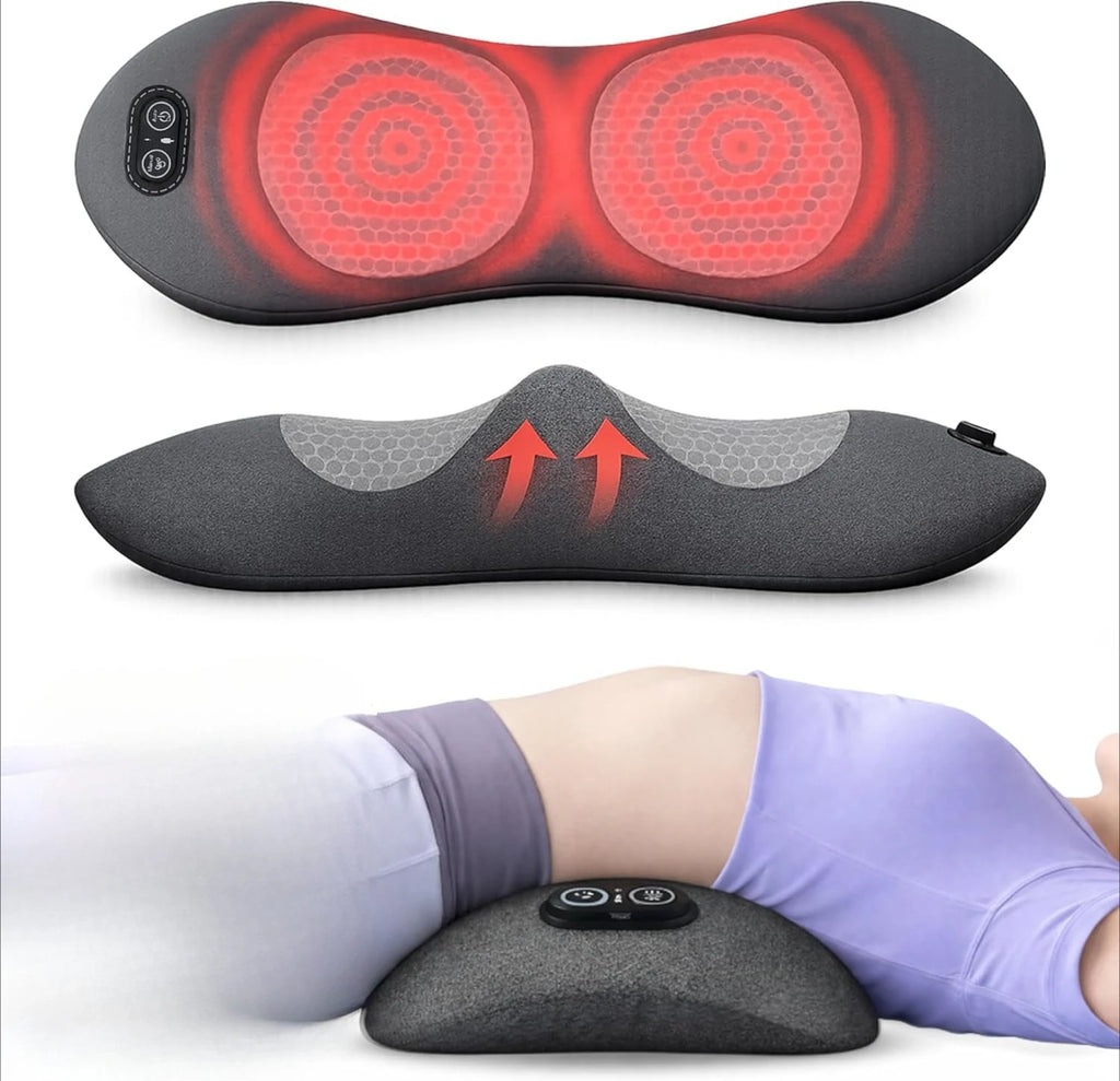 Nova Mart 3-in-1 back massager with heat and vibration, designed for back pain relief, showing the device with massage nodes and controls.