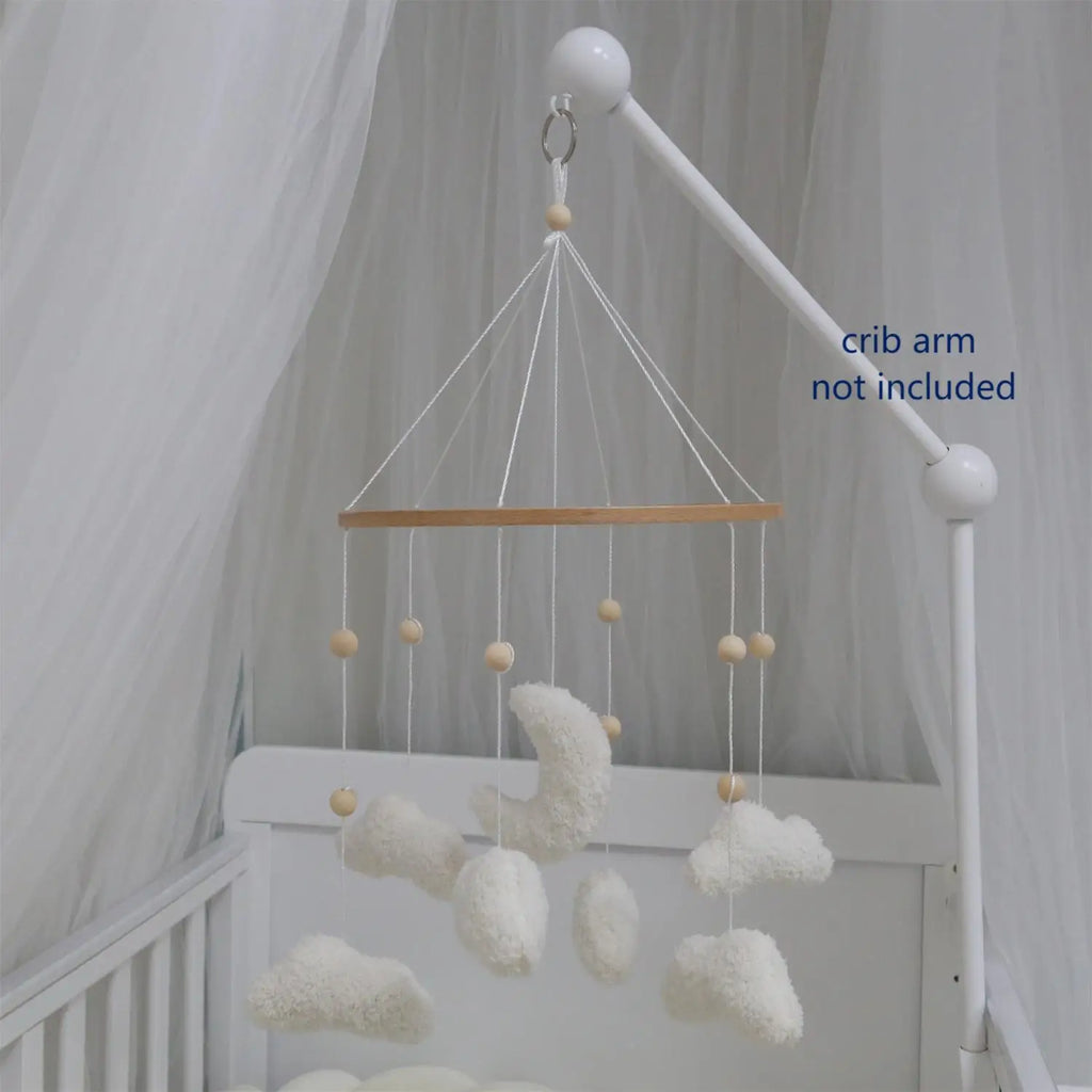 Nova Mart Boucle Clouds & Moon baby mobile in neutral nursery colors, felt mobile with soft cloud and moon shapes for crib decoration