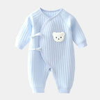 Nova Mart 100% cotton newborn baby romper with cartoon bear design, including matching hat, soft and comfortable baby clothing.