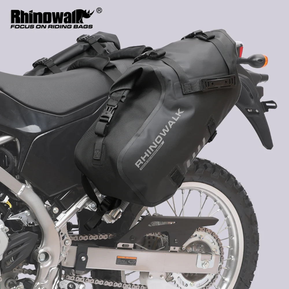 Rhinowalk 100% waterproof motorcycle pannier saddle bags in black attached to a motorcycle for secure storage.