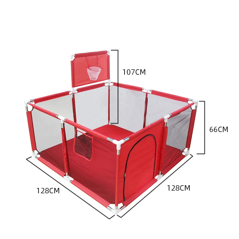 Safety baby playpen with basketball frame by Nova Mart, indoor kids playground with secure mesh sides and colorful play area.