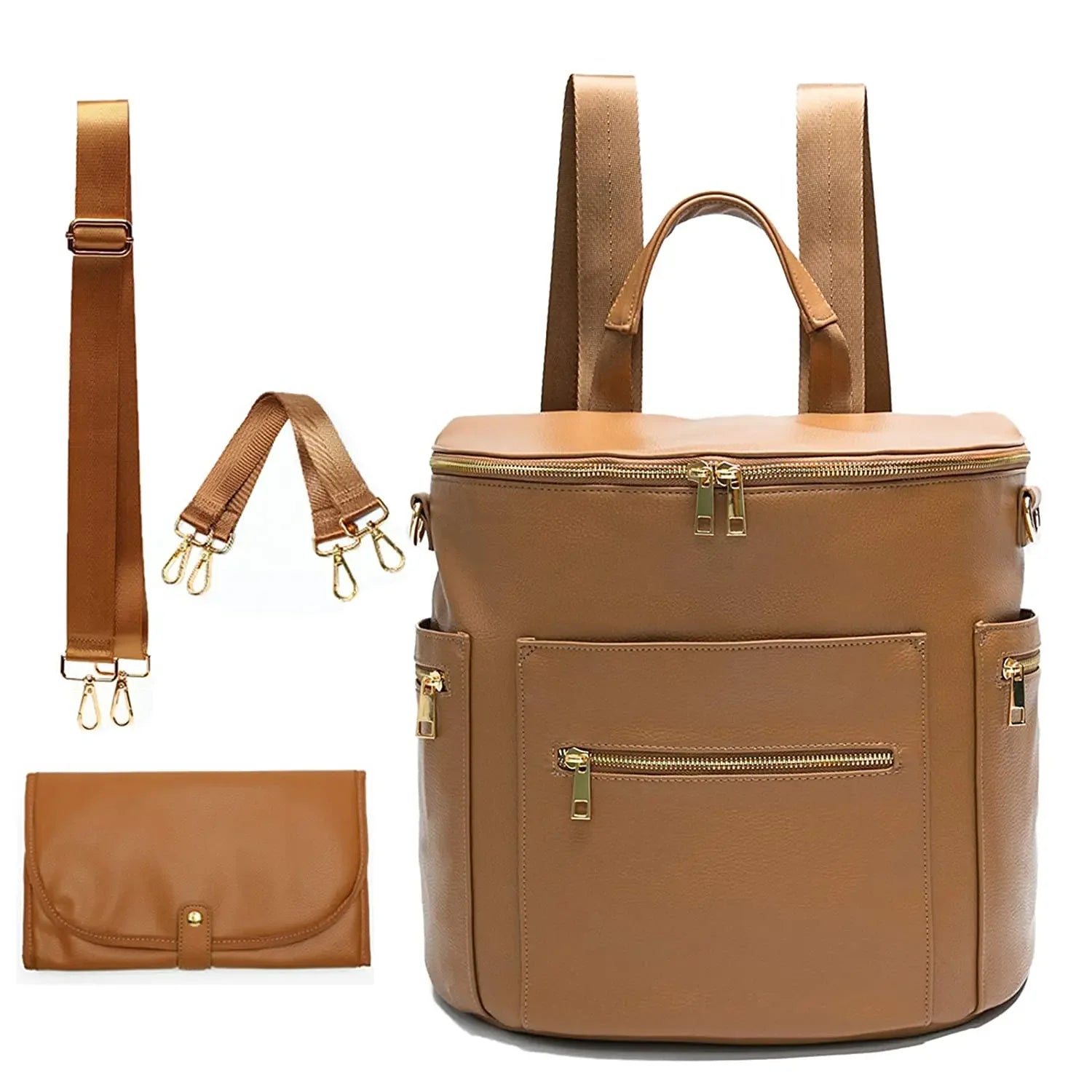 Nova Mart PU leather diaper backpack with changing pad and insulated pockets, stylish and functional baby care bag.