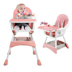 Portable Nova Mart baby high chair with toy rack and double dinner plates, showing its compact design and safety features.