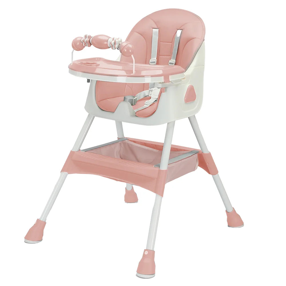 Foldable Nova Mart baby high chair with antislip pad and toy rack, featuring a sturdy frame and comfortable seating for infants.