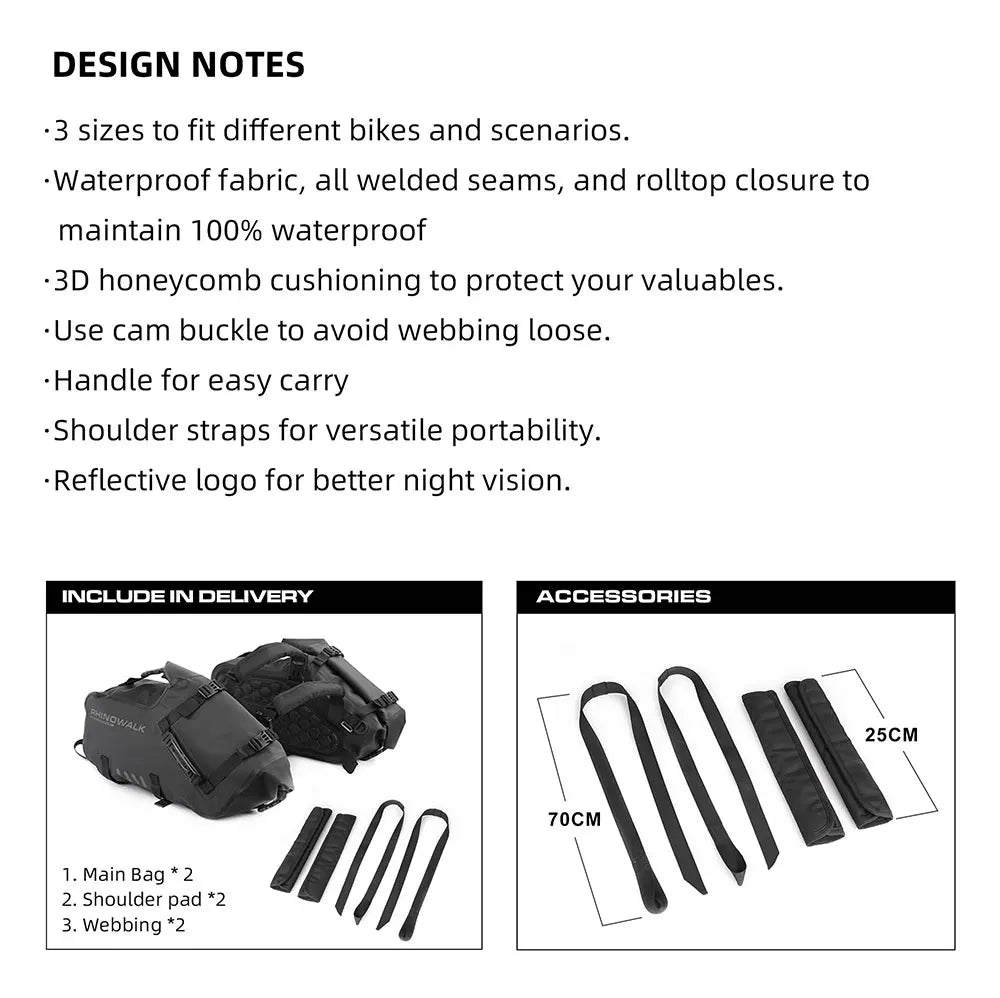 Rhinowalk 100% waterproof motorcycle pannier saddle bags by Nova Mart mounted on motorcycle for secure gear storage