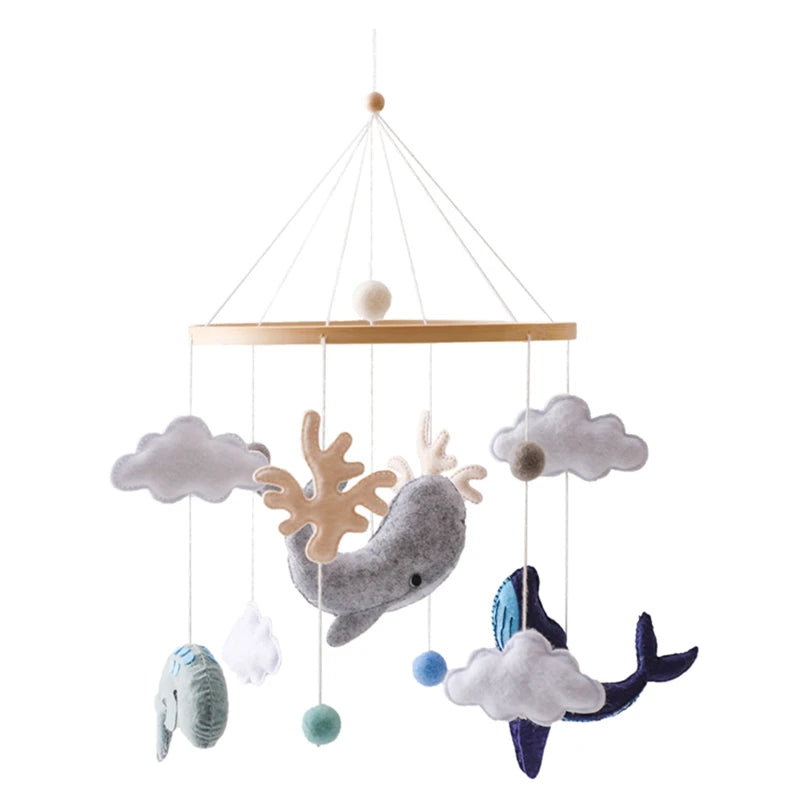 Wooden baby mobile featuring a soft felt cartoon bear and music box from Nova Mart, designed to soothe and entertain infants.