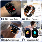 Nova Mart ECG+PPG smartwatch displaying blood fat, uric acid levels, and Bluetooth call functionality on its screen.