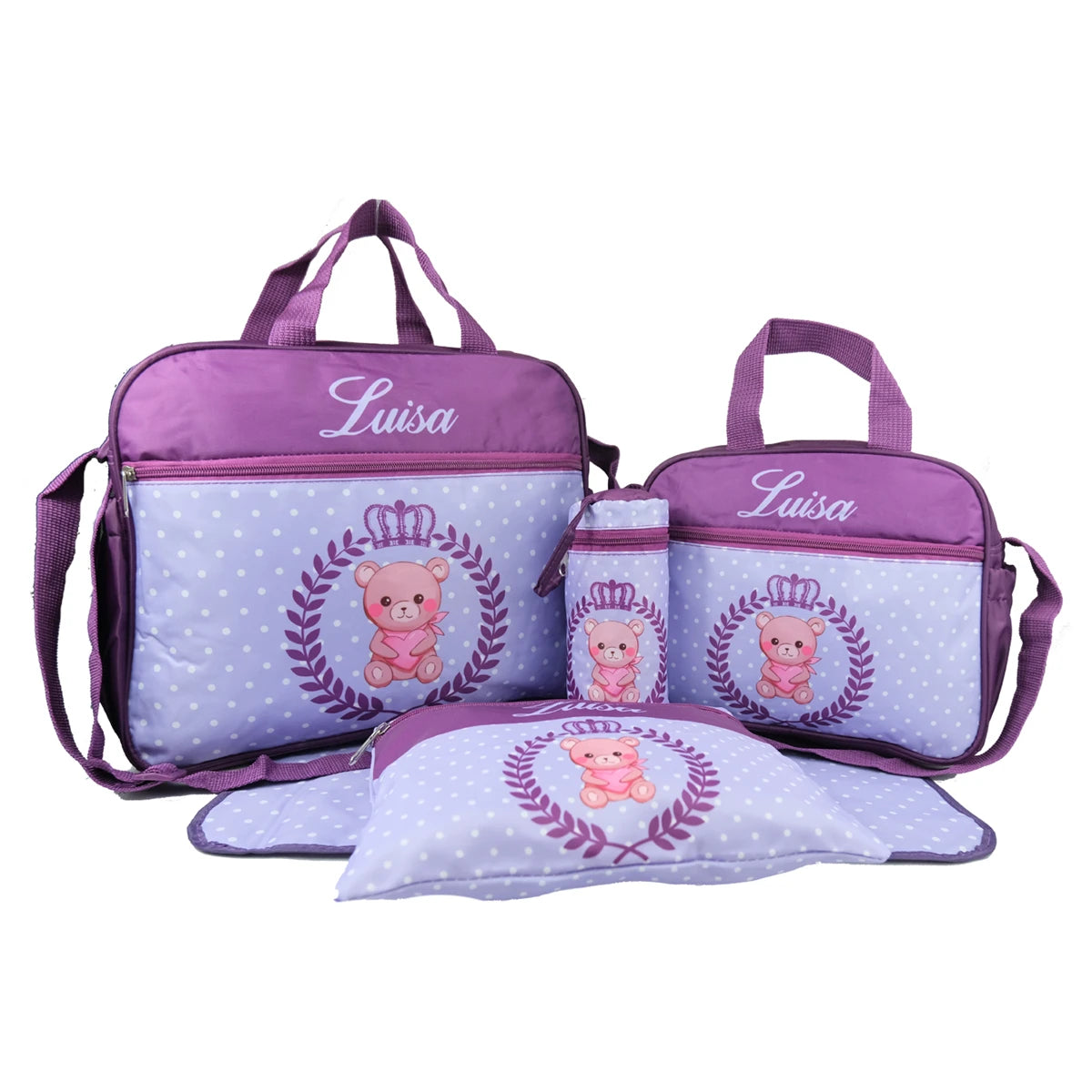 Large nylon diaper bag from Nova Mart with bear print, featuring multiple compartments and a crossbody strap for moms.