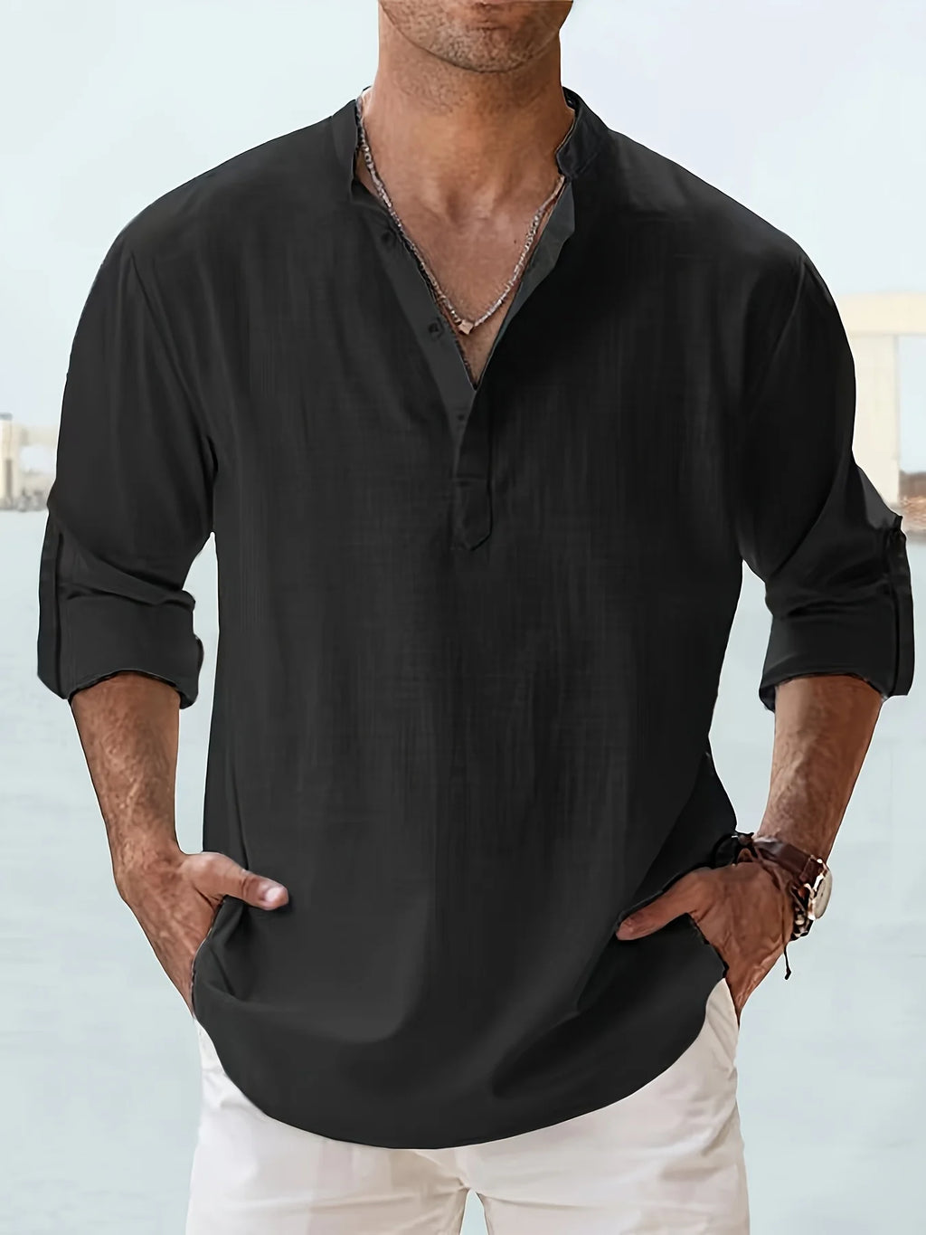 Men's linen stand collar shirt by Nova Mart, loose fit long sleeve men's fashion top, lightweight and breathable for casual wear.