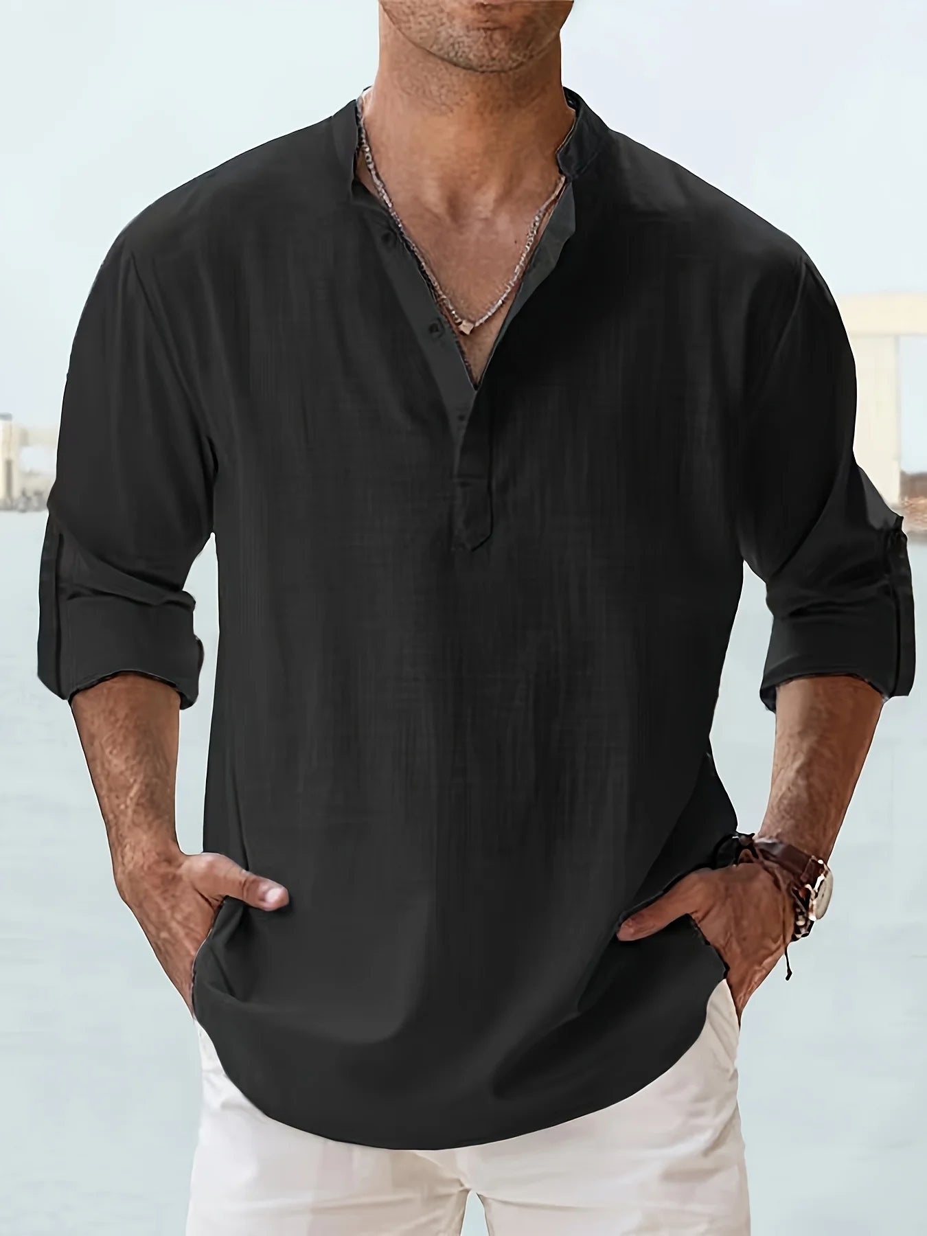 Men's linen stand collar shirt by Nova Mart, loose fit long sleeve men's fashion top, lightweight and breathable for casual wear.
