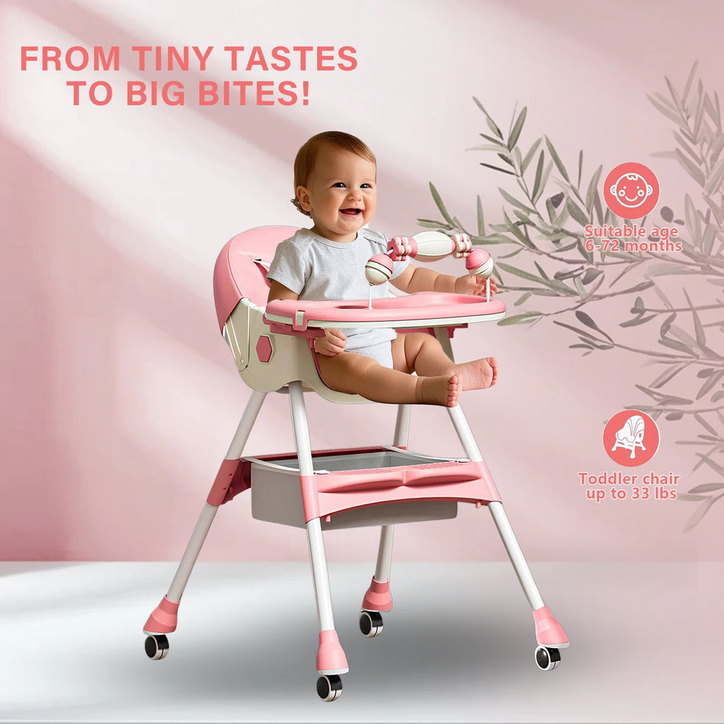 Foldable Nova Mart 4-in-1 baby high chair with 7 adjustable heights and toy rack, shown with a baby sitting in it.