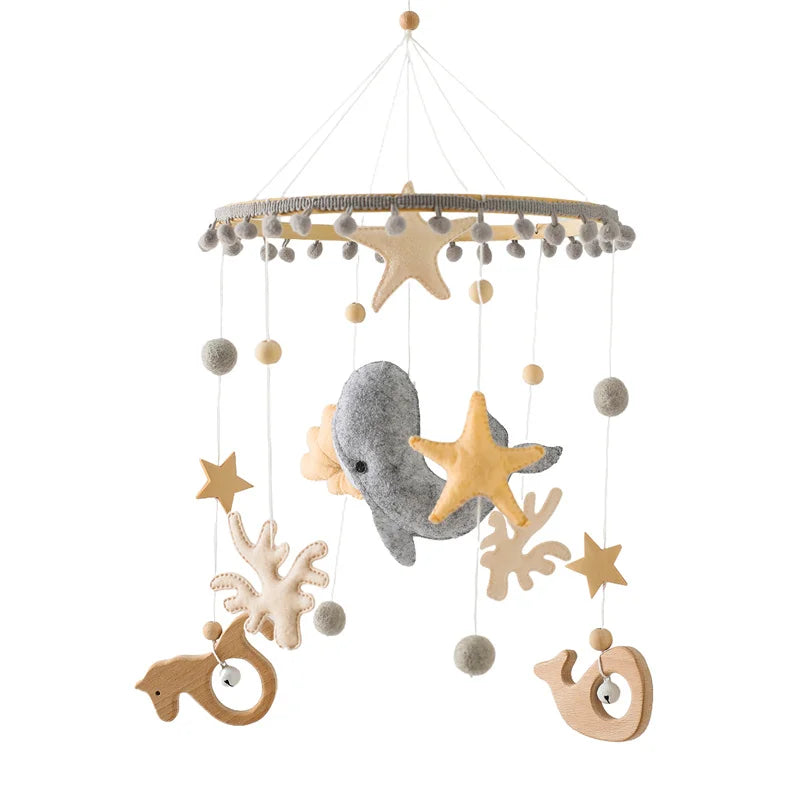 Wooden crochet star baby crib mobile with bed bell rattle toy by Nova Mart, featuring handcrafted star shapes and soft rattling sounds.