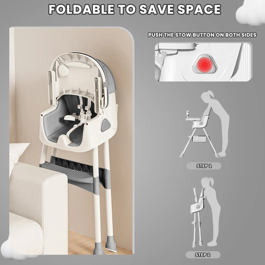 Foldable Nova Mart baby high chair with antislip pad and toy rack, showing the compact, foldable design and safety features.