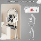 Foldable Nova Mart baby high chair with antislip pad and toy rack, showing the compact, foldable design and safety features.