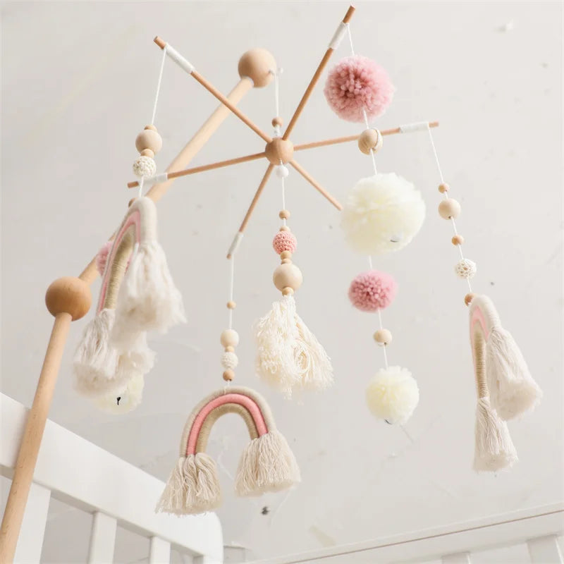 Wooden wind chime baby crib mobile with animal felt dolls and music, designed by Nova Mart for soothing nursery decor.