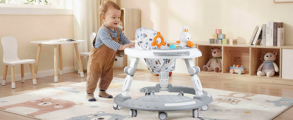 Nova Mart 4-in-1 safety baby walker with music, lights, and toy panel, featuring a sturdy frame and colorful interactive play features.