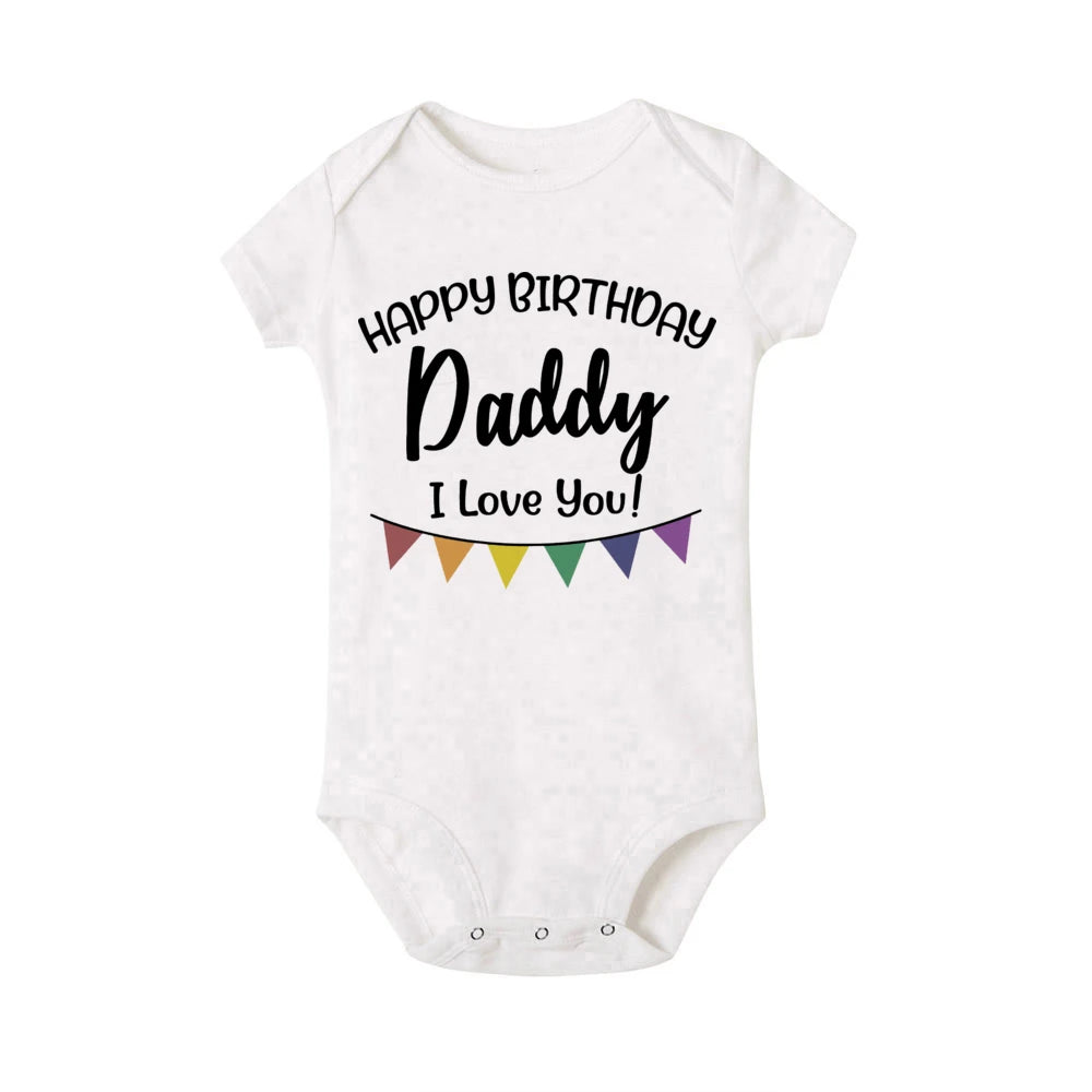 Baby boy's short sleeve birthday bodysuit by Nova Mart featuring a festive "Happy Birthday Daddy" design, perfect for summer.