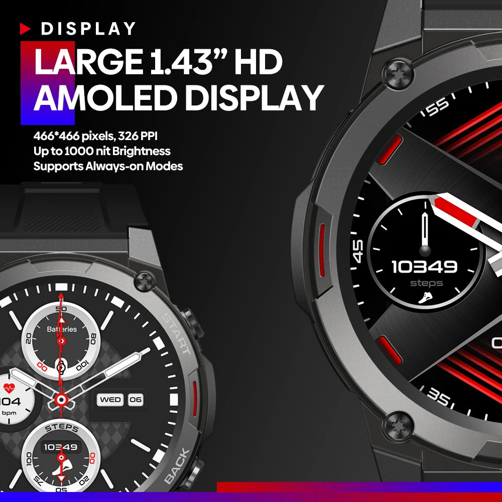 Zeblaze Vibe 7 Pro smart watch with AMOLED display, Hi-Fi call feature, and military-grade build, shown on a wrist.